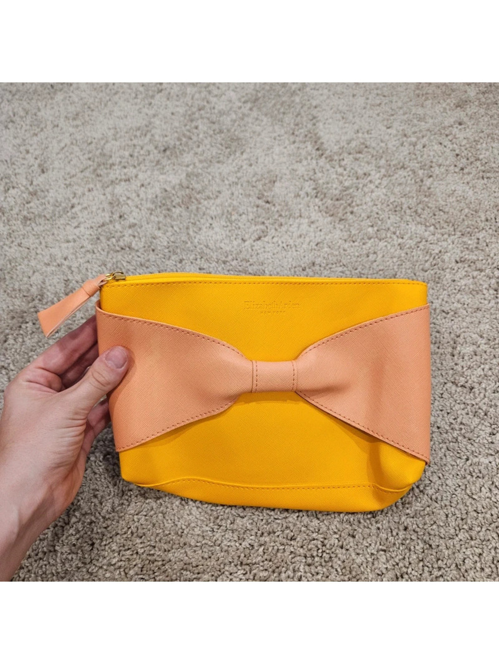 Elizabeth Arden New York Yellow Pink Bow Cosmetic Makeup Bag Clutch Pouch